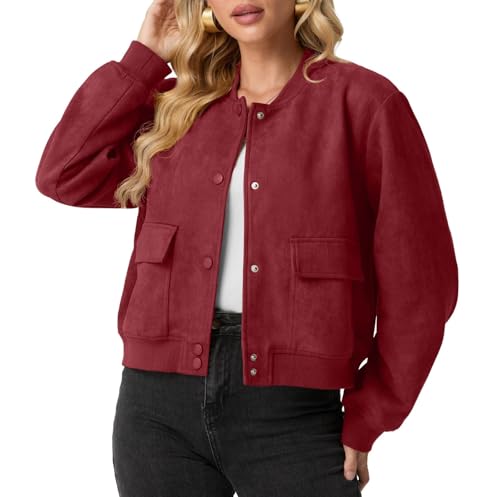 GRECERELLE Veste bomber pour femme - En daim - Manches longues - Courte - Coupe automne - Avec fermeture à boutons - Design vintage - 2 poches et poignets élastiques...