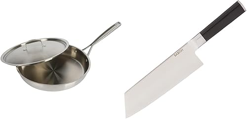 Babish Sartén triple de acero inoxidable de 12 pulgadas de grado profesional con tapa inoxidable y cubiertos de acero alemán 1.4116 de alto carbono,