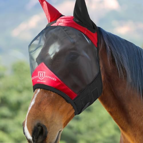 Harrison Howard Pro Luminous Horse Fly Mask Standard with Ears UV Protection for Horse Scarlet Red/Black Large Full Size — view 6