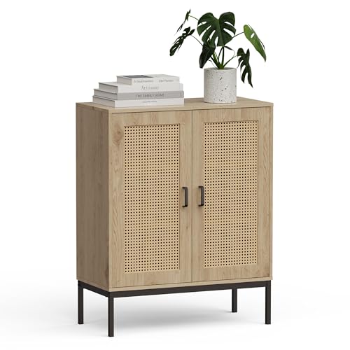 VonHaus Tall Sideboard for Living Room - Rattan Effect Hallway Cabinet with 3 Storage Shelves - Scandi Look Side Board Storage Cabinet - Light Wood Effect Side Board for Hallway - Lena