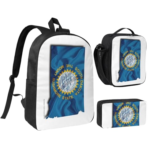 South Dakota Flag Map print Backpack Bookbag for Daily Use,3 Pcs Backpack Set with Lunch Box and Pencil Case