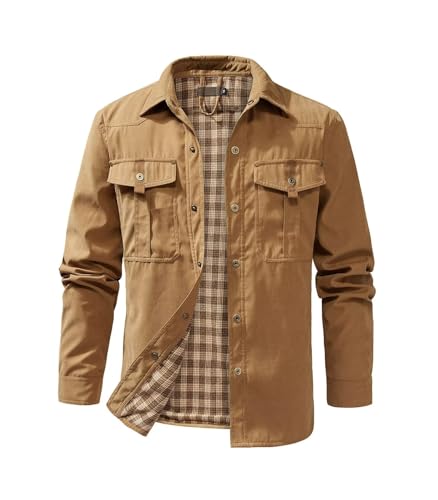 Image of FTIMILD Men's Flannel Lined Shirt Jacket Rugged Snap Button Shacket Cowboy Western Style Long Sleeve Outdoor Fall Jacket