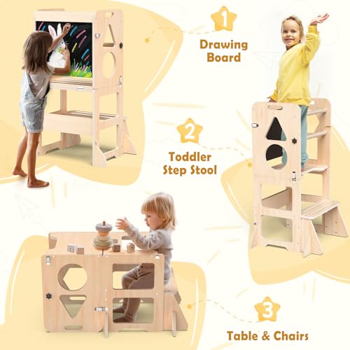 Image of Woodure 4-in-1 Toddler Kitchen Step Stool, Foldable Learning Standing Tower with Blackboard, Wooden Kitchen Stool Helper for Kids, 1-3 Year Old Boy Girl Gifts