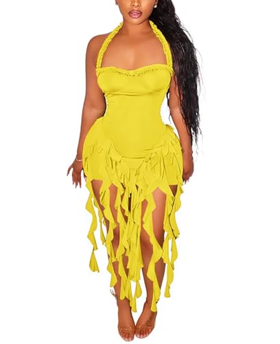 Image of Aro Lora Womens Sexy Halter Neck Sleeveless Ruffle Tassel Party Club Bodycon Mini Dress