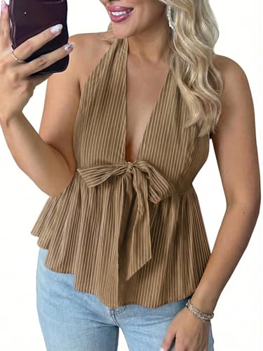 Tankaneo Womens Striped V Neck Halter Tops Babydoll Summer Bow Tie Front Backless Shirts Peplum Y2k Going Out Tank Tops Light Brown