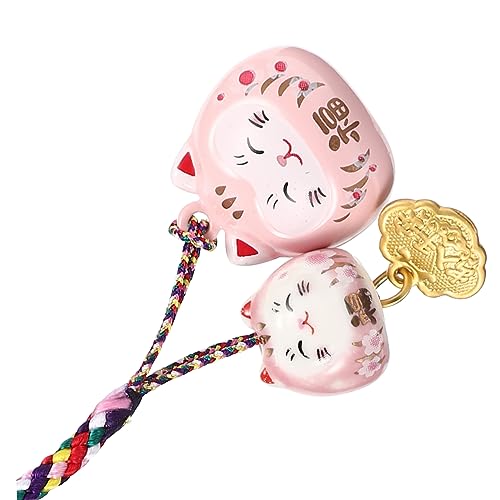 BESTonZON Lucky Cat Bell Bag Hanging Ornament Cat Pendant Japanese Purse Lucky Cat Waving Arm Japanese Decor Key Hanging Pendant Japandi Decor Flamingo Amulet Pink Ceramics Charm