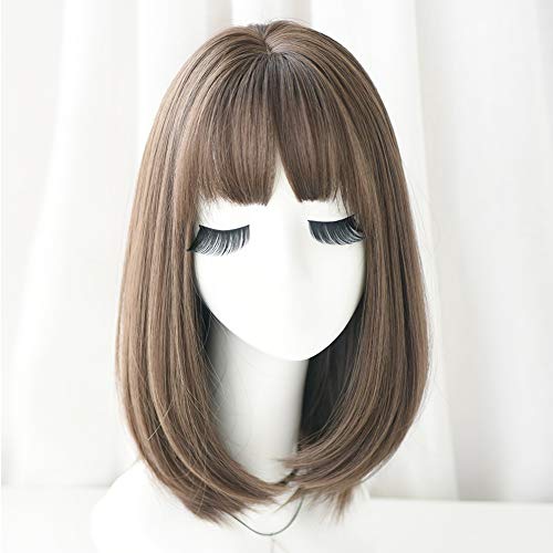 URCGTSA 17.7 Inches long Hair Wig for Women Black Synthetic Hair Natural Long Straight Wig With Bangs Party Cosplay Wig for Girl（Cold brown）