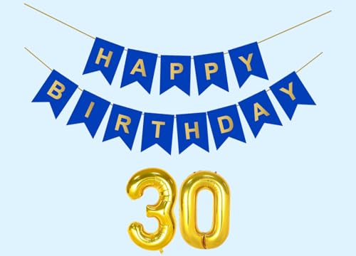 Image of 30th Happy Birthday Decoration Kit Dark Blue for 30 year Old Boys Girls Women with Number Thirty Party Decorations Decor Celebration Items Item Set Combo Reusable Paper Banner