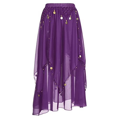 iiniim Saia dança do ventre com borla lantejoulas brilhantes mulher saia comprida chiffon irregular para adulto roupa de desempenho cintura alta festa atuação, A roxo, Talla única