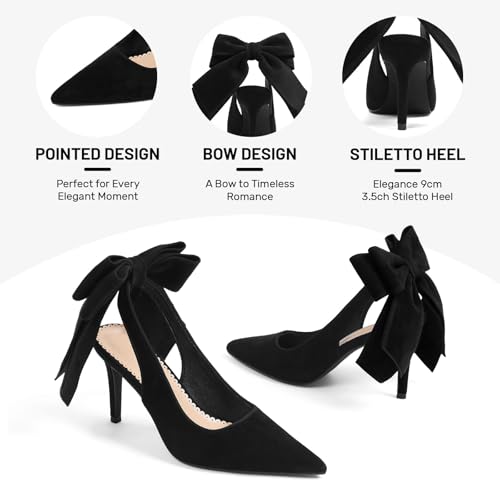 Mattiventon Black Bow Heels for Women Slingback Stiletto Heels with Pointed Closed Toe Wedding Shoes for Bride Pumps Shoes Suede — view 6
