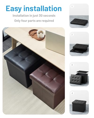 Image of Bsketa Storage Ottoman Bench,17 Inch Folding Leather Foot Rest Stool, Black | Small Ottoman with Side Pockets, Thicker Foam Padded Seat, Livingroom, Dorm, Bedroom, Easy to install, 43L,17x13x13in