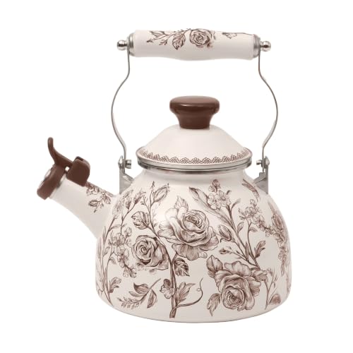 Brown Agatha 2-Quart Enamel On Steel Whistling Tea Kettle, Vintage Floral Stovetop Water With Foldable Heat-Resistant Handle
