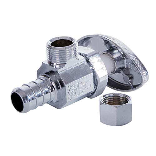Image of Midline Valve 71512QS-OM-5 Water Supply Stop Valve with Multi-Turn Wheel; Angle Shut-off for Toilet, Sink, Dishwasher, Heater; 1 /2'' PEX x 3 /8'' Compression; Chrome Plated Brass (5 PK)