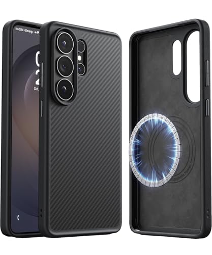 Image of JUESHITUO for Samsung Galaxy S26 Ultra Case, [Mil-Grade Drop Protection] [600D Aramid Fiber] [Fit for MagSafe] [with Screen Protector] Minimalist Carbon Fiber Textures, Magnetic Cover Dark Black