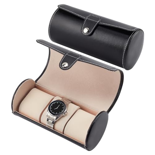 PH PandaHall 3 Slots Watch Travel Case for Men Women, Portable Watch Rolls PU Leather Cases Column Wristwatch Organizer Storage Case Watch Display Storage Luxury Watch Box with Pillow, Black