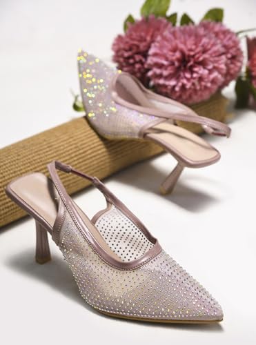 Image of TRYME Women Pointed Toe Stone Embellishment Slingback Heel pencil Sandals