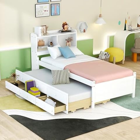 YIORTWO Twin Size Daybed with Built-in USB, Type-C Ports, LED Lights, Bookcase Headboard Storage Daybed Frame, Trundle Daybed and 3 Storage Drawers, No Box Spring Needed, Noise-Free(White) Cover