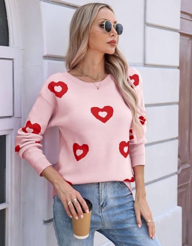 Image of Womens Cute Heart Sweater Crew Neck Long Sleeve Pullover Valentines Sweater
