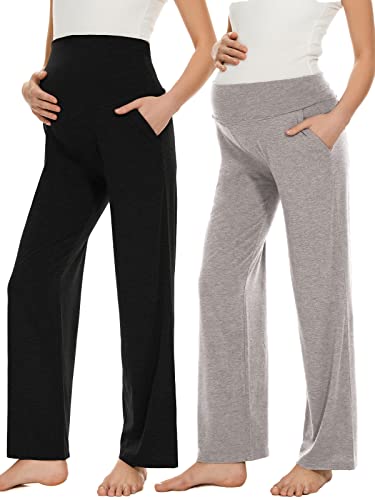 Ecavus Women's Maternity Wide/Straight Versatile Comfy Palazzo Lounge Pants Stretch Pregnancy Trousers with Pockets