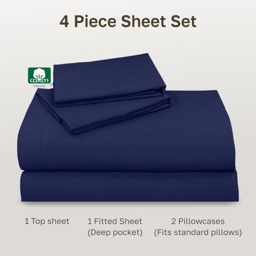 Image of California Design Den Natural 100% Cotton Sheets Full Size Bed Set with Deep Pockets - Soft Sateen Weave, Durable Full Size Sheets (Navy Blue)