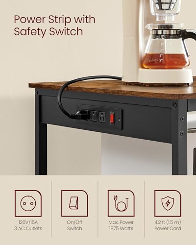 Image of VASAGLE Kitchen Island with 3 Shelves, 39.4 Inches Width Kitchen Shelf with Power Strip, Large Worktop, Stable Steel Structure, Industrial, Easy to Assemble, Rustic Brown and Black UKKI105K01