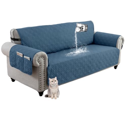 Sofa Cover 1 2 3 4 Seater, Waterproof Non-Slip Sofa Protectors Slipcover with Side Storage Pocket,Quilted Couch Cover Reversible with Adjustable Elastic Straps (Large 2 Seater,Blue A)