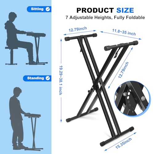 Image of Keyboard Stand, Height Adjustable Keyboard Stand, Keyboard Stand with Quick Release Mechanism, Double X Foldable Heavy Duty Instrument Stand with Locking Straps for 54-61-88 Key Electronic Pianos hhhy