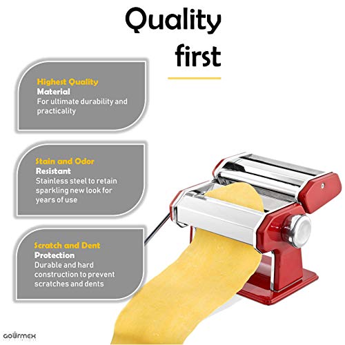 Gourmex Stainless Steel Manual Pasta Maker Machine | With Adjustable Thickness Settings | Perfect For Professional Homemade Spaghetti And Fettuccini | Includes Removable Handle And Clamp (Red) #TOP2