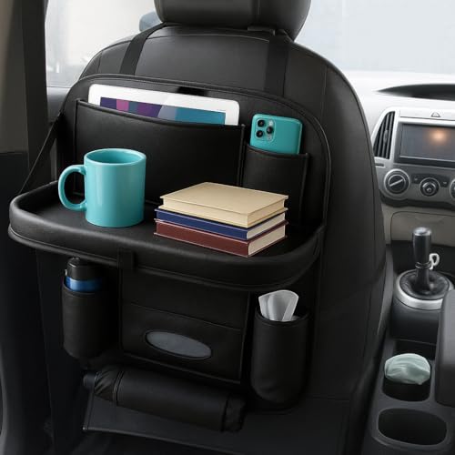 Image of Premium Black Car Backseat Organizer with Foldable Tray | Multi-Pocket Storage for Tablets, Phones, Bottles & Travel Essentials
