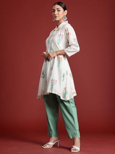 Image of INDO ERA Women's Pure Cotton A-Line Printed Kurta with Pant | Women Kurta Set | Ethnic Wear for Women | Daily Office Casual Traditional Outfit,KS0OW10128XXL