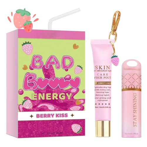 Lip Conditioner & Lip Oil Set Moisturizing Natural Lip Care Set Lip Gloss Balm Multipack for Dry and Chapped Lips Natural Lip Gloss Plumper for Hydration & Repair Gifts for Teenage Women (Strawberry)