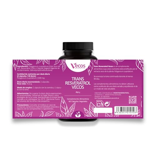 Resveratrol Puro para Reforzar el Sistema Inmunológico | Trans-Resveratrol Vecos | 60 Cápsulas | Contribuye al Mantenimiento Normal de la Piel | Propiedades Antioxidantes