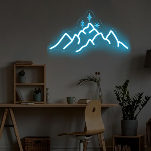 Image of ACOTAR Neon Sign Mountain With Star LED Light Book Lover Gift | Starry Mountain Reading Nook Decoration USB Powered Dimmable Bookish Home Wall Room Deocr Ice Blue 17.7 inchx9.3 inch
