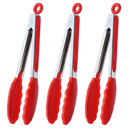 HINMAY Silicone Cooking Tongs 9-Inch Serving Tongs, Set of 3 (Red)