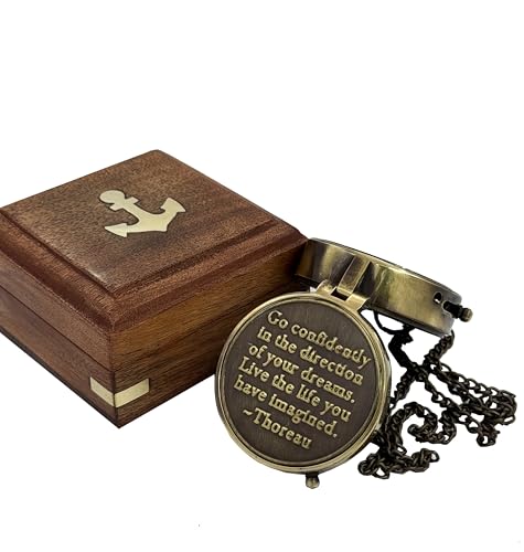 Vintage Brass Compass with Engraved Quote – “Go Confidently in The Direction of Your Dreams” – Nautical Compass with Chain & Rosewood Box – Graduation, Retirement Gift for Him or Her