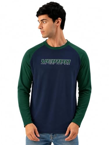 Image of Veirdo Pure Cotton Regular Fit Round Neck Front Chest Typographic Logo Printed Raglan Full Sleeve T-Shirt for Men (Colors: Green, Brown & Maroon)