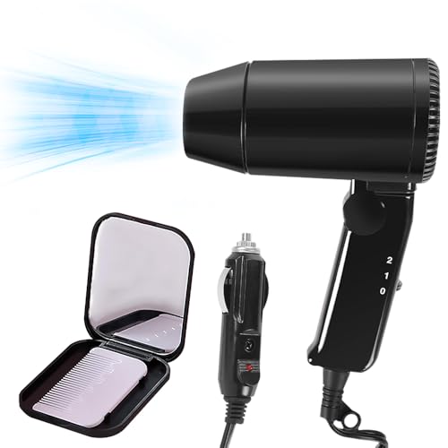 Vmxlso Secador de Pelo 12v para Coche, 120W Secador Coche 12v, Secador de Pelo Portátil para Coche de 12v, Plegable Secador 12v Autocaravana con Cable alimentación 1,5 m, 2 Temperaturas y Velocidades