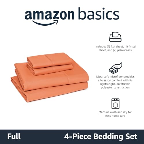 Image of Amazon Basics Lightweight Microfiber 4-Piece Bed Sheet Set, Full, Brick, Solid