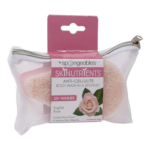 Spongeables Skinutrients Anti-Cellulite Body Wash in a Sponge, Spa Cellulite Massager, Reduce The Appearance Of Cellulite, Moisturizer and Exfoliator, English Rose, 1 Count Cover