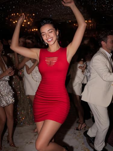 Image of DRESSQUEEN Women 2026 Sexy Summer Bodycon Ruched Party Club Mini Dress Sleeveless Cutout Tight Date Night Tank Short Dresses