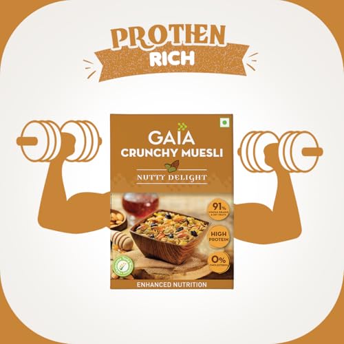Image of Gaia Nutty Delight Muesli,High Fiber,Source of Protein,Zero Trans Fat,Light and Wholesome Breakfast Choice,Healthy and Nutritious, Combined with Almonds and Raisins 400G (Pack of 2)