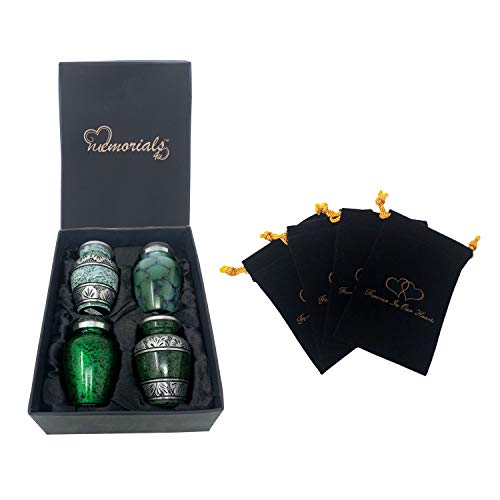 Forever in Our Hearts Classic Keepsake Urns Set of 4 - Beautiful Shades of Mini Keepsakes - Keepsake Urns - Token Urns - Handcrafted & Affordable Mini Urns for Ashes with 4 Velvet Bags (Green)