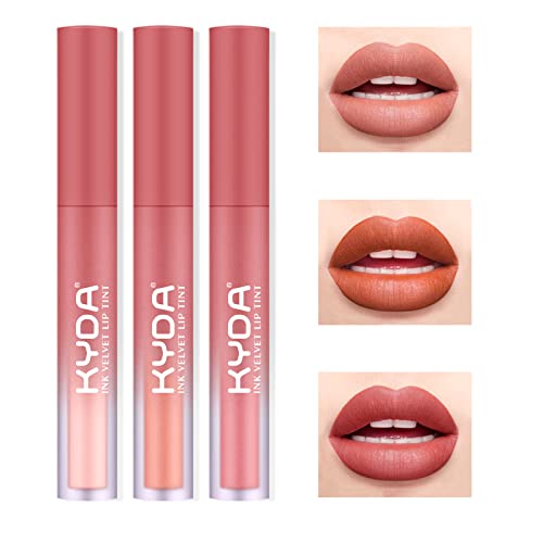 Freeorr 3 Colors Velvet Lip Tint, Cheek Lip Tint High Pigment Lightweight Matte Finish, Waterproof Non Sticky Cup Lip Stains Tint, Mousse Lip Mud Cream Blush,0.176 Fl Oz-Set B #TOP26