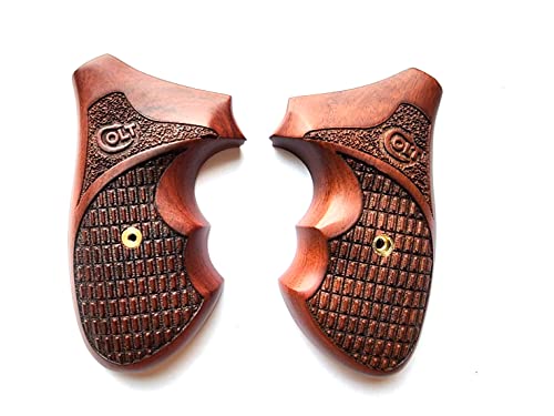 BMPL] Hardwood Carving Checkered Gun Grips Compatible with Colt D Frame, Long Butt, Police Positive ,Laser Brown