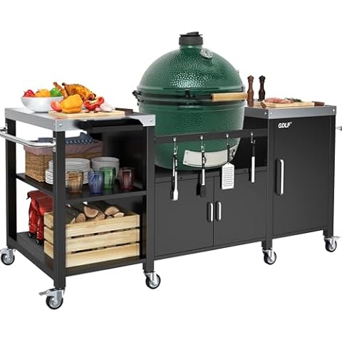 Outdoor Grill Table for Big Green Egg, Metal Grill Cart Compatible with XL Big Green Egg,Big Joe,Primo XL,Waterproof Cover Included Cover
