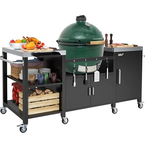 Outdoor Grill Table for Big Green Egg Metal Grill Cart Compatible with XL Green Egg Big Joe Primo XL Waterproof Cover Included
