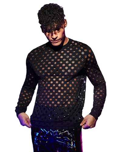 WDIRARA Men's Fishnet Knit Pullover Top Hollow Out Round Neck Long Sleeve Concert Tops