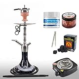 Shisha Set - Edelstahl Shisha Amy Deluxe mit Anzünder, Kaminaufsatz, Dampfsteine, Kohle (SS10 - Little Hammer - Schwarz)
