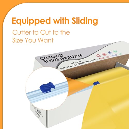Image of tujol Yellow Disposable Plastic Table Cloth Roll 54 inch X 100', Plastic Table Cover with Cutter Box, Cut to Size Disposable Tablecloth for Parties