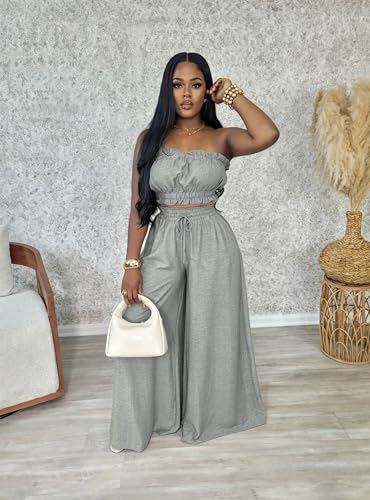 Image of Two Piece Sets for Women Summer Outfits Crop Tops and Wide Leg Pants Sets Sexy Jumpsuits Vacation Outfits with Pockets